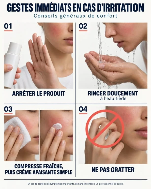 Irritation visage que faire : illustration des quatre gestes pour apaiser une peau irritée