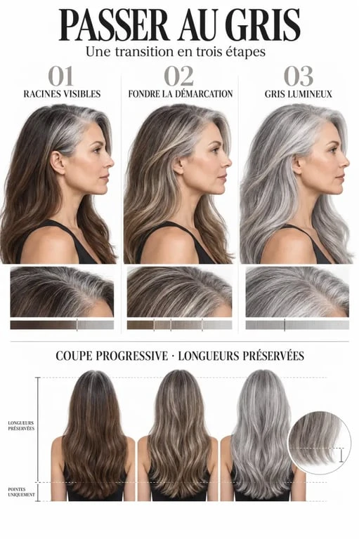 Transition cheveux colorés cheveux gris en trois étapes avec mèches et reflets froids