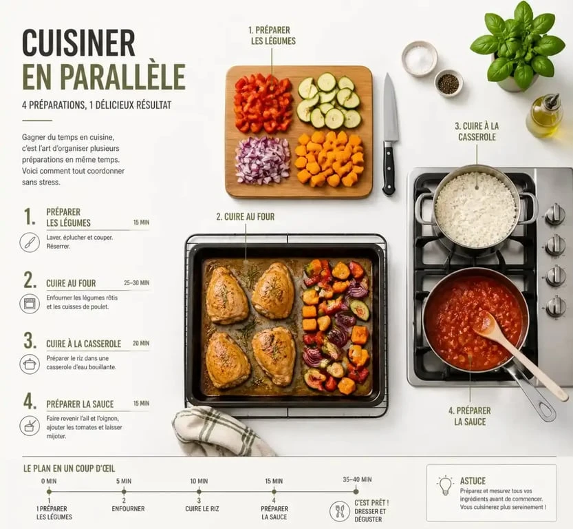 Préparation des ingrédients pour des recettes batch cooking sur un plan de travail