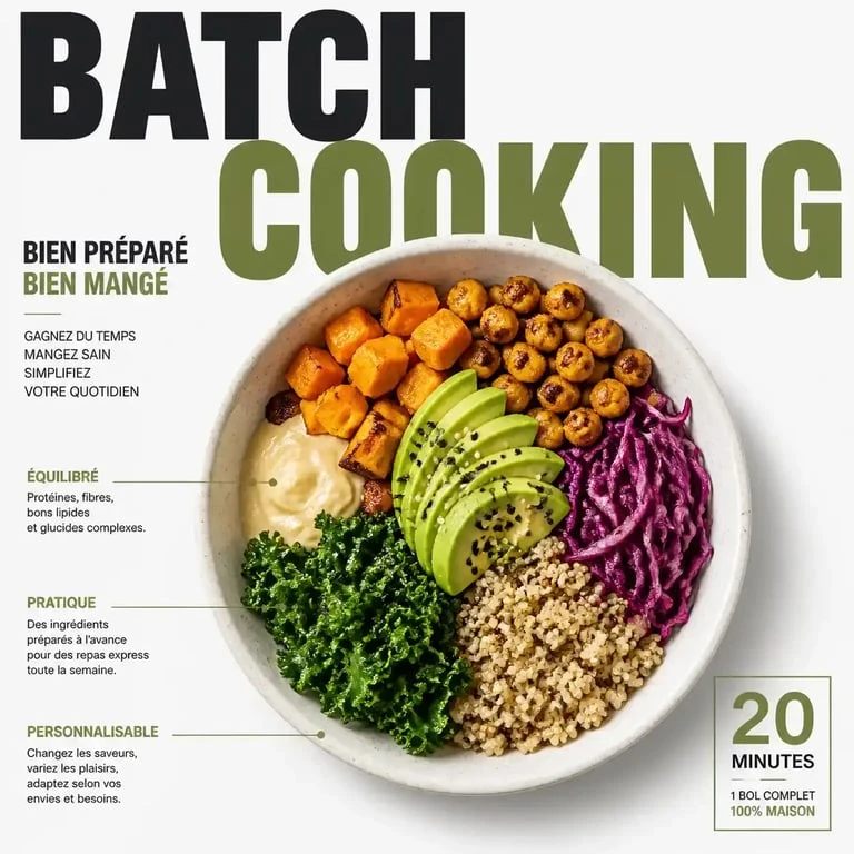 Bol équilibré composé avec des recettes batch cooking