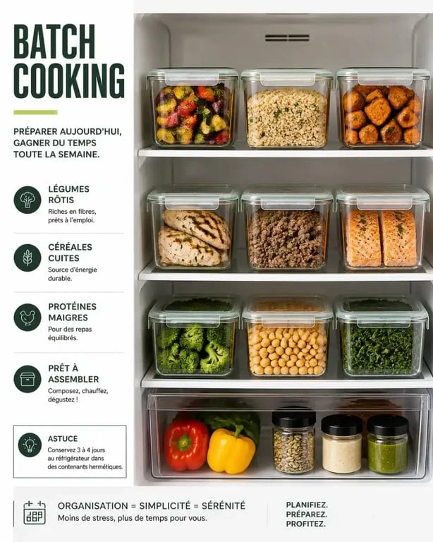 Réfrigérateur organisé avec des boîtes en verre pour des recettes batch cooking