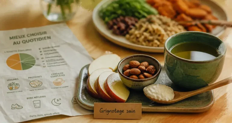Grignotage sain : plateau d’en-cas coupe-faim, amandes, fromage blanc 0% et thé vert