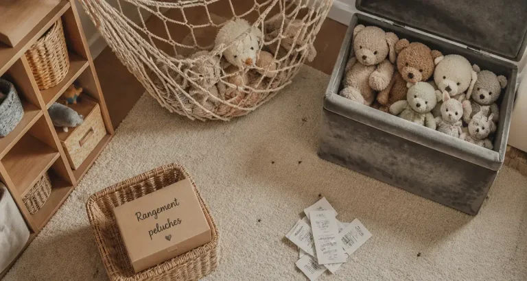 Idées rangement peluches : coffre et filet pour doudous