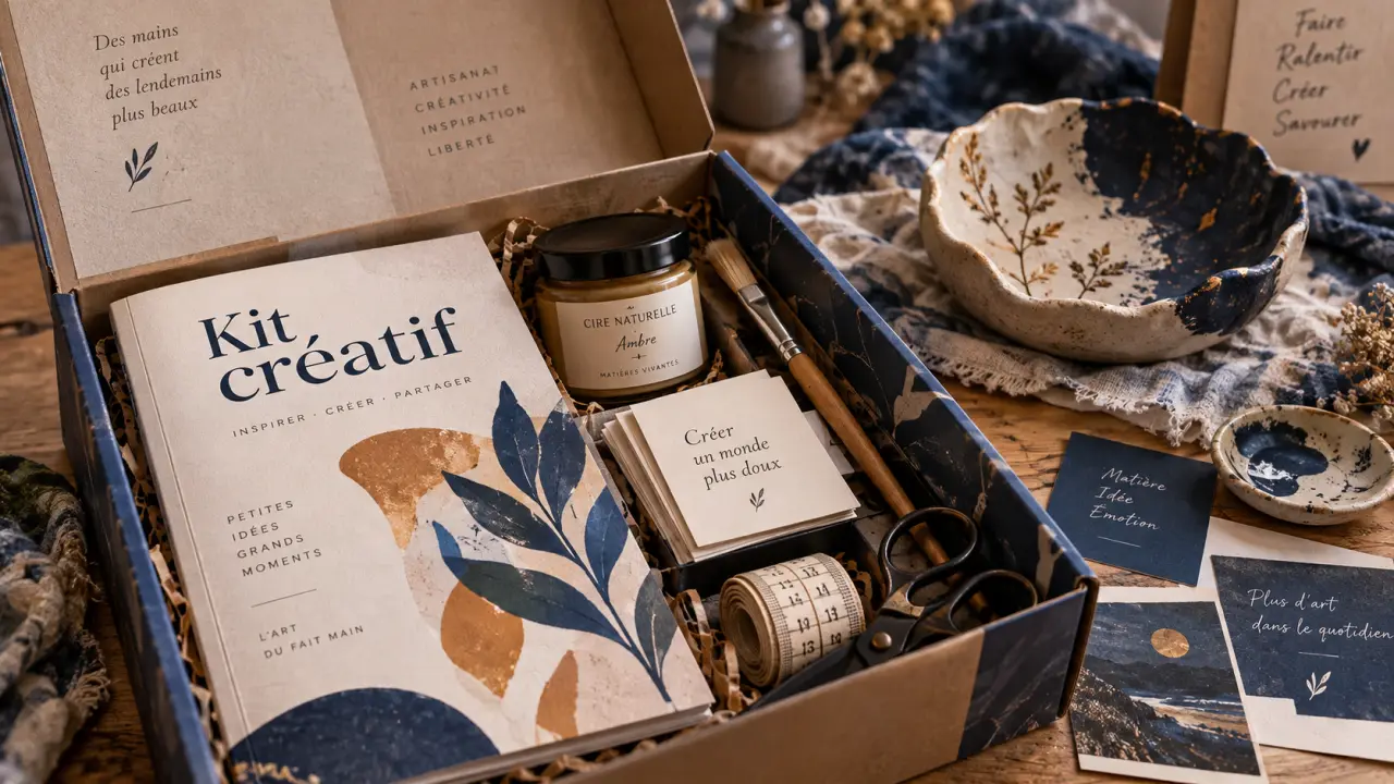Kits loisirs créatifs adultes : coffret DIY ouvert sur table en bois