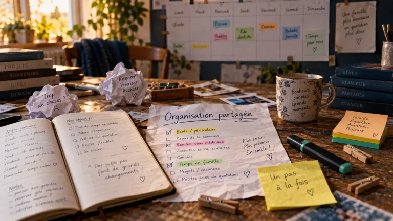 Organisation familiale : planning partagé sur table, cahier et calendrier