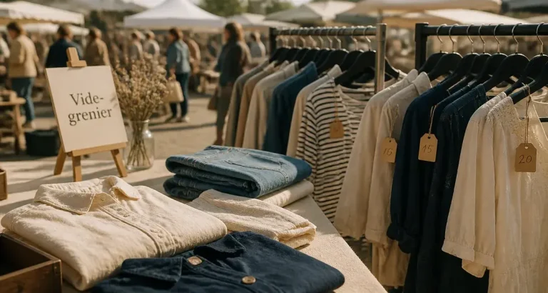 Préparer un vide grenier de vêtements : table et portants avec vêtements, étiquettes de prix
