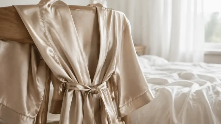 Robe de chambre satin champagne, tissu brillant et ceinture, photo éditoriale