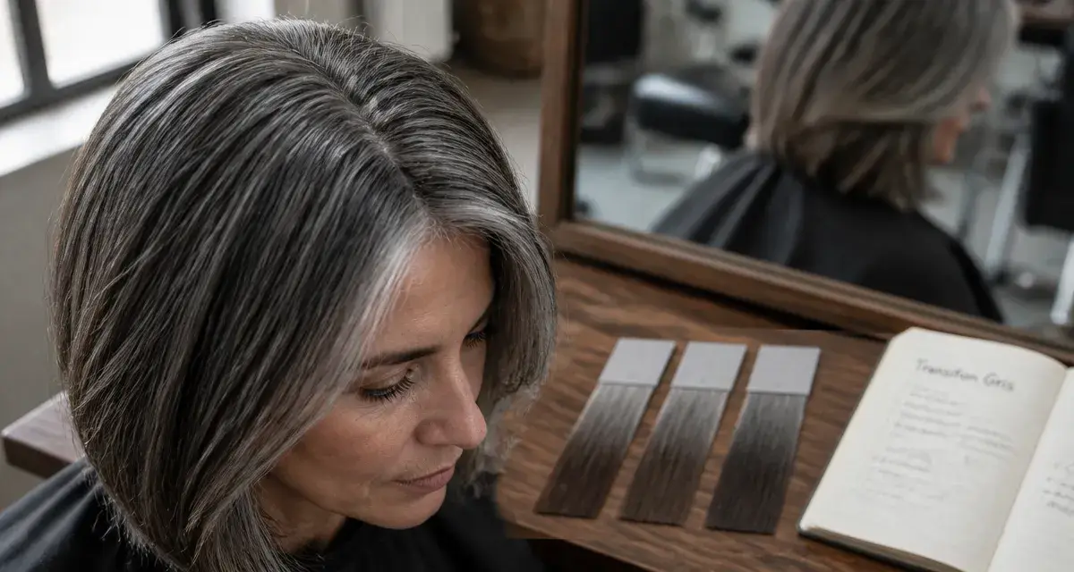 Transition cheveux colorés cheveux gris : démarcation diffuse, mèches poivre et sel
