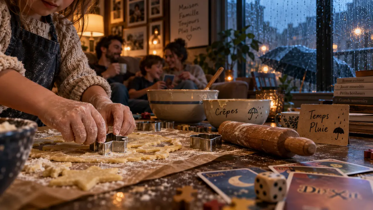 Activité a faire quand il pleut : enfants décorant des crêpes et jouant à des jeux au chaud