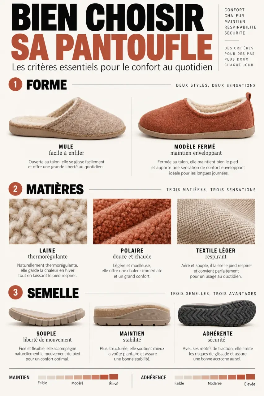 Pantoufle pour femme : formes, matières et semelles à comparer