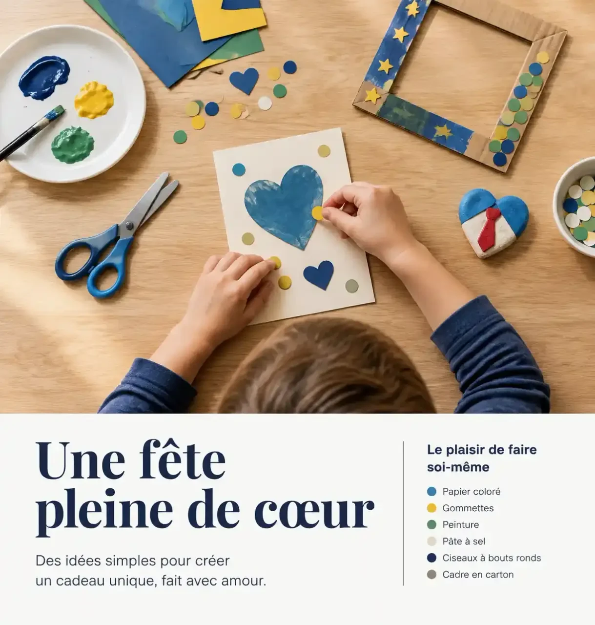 Activités fête des pères : matériel de bricolage étalé sur une table avec carte, cadre en carton et magnet peint par un enfant
