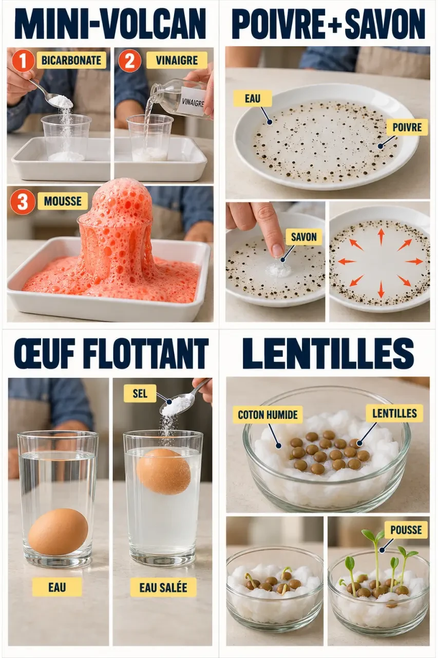 Illustration des principales expériences faciles à réaliser à la maison avec du bicarbonate, du poivre, un œuf et des lentilles