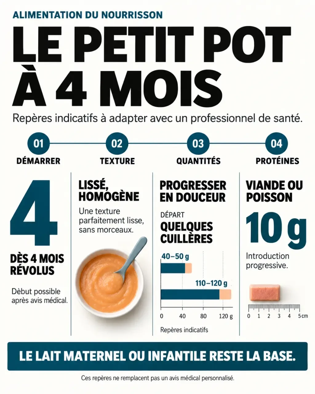 Infographie sur le petit pot 4 mois : textures, quantités indicatives et progression de la diversification
