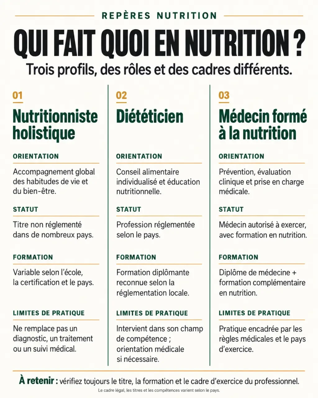 Nutritionniste holistique, diététicien et médecin nutritionniste : comparaison des qualifications et du cadre légal