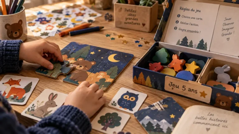 Jeux enfant 5 ans : enfant joue avec puzzle et cartes pour trouver le bon niveau