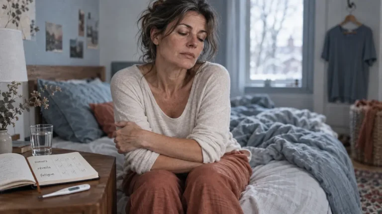 Ménopause et fatigue : une femme au lit, réveils nocturnes et fatigue