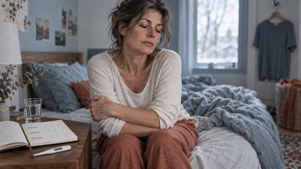 Ménopause et fatigue : une femme au lit, réveils nocturnes et fatigue