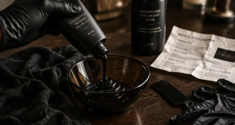 Shampoing coloration noir : crème noire et gants pour couvrir les cheveux blancs