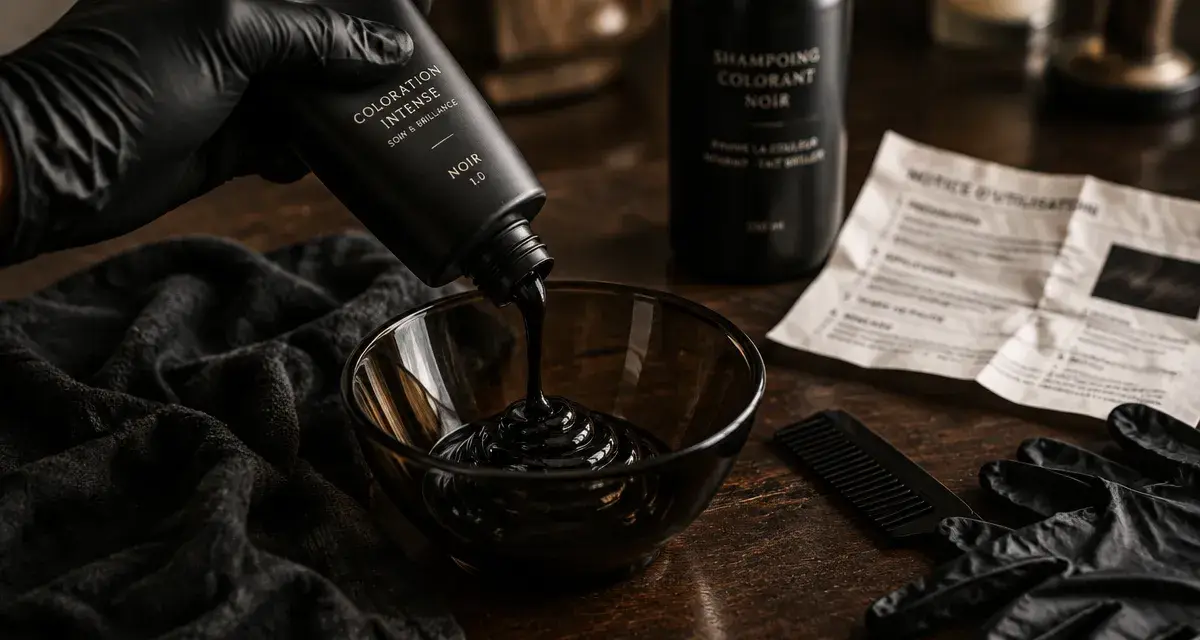 Shampoing coloration noir : crème noire et gants pour couvrir les cheveux blancs
