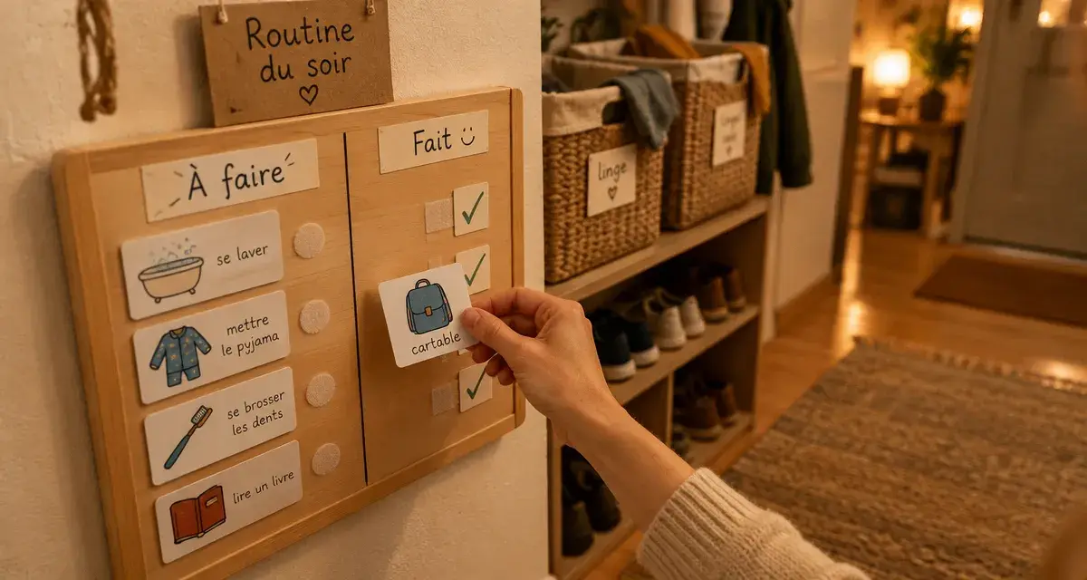 Tableau de tache enfant avec cartes velcro, routine du soir
